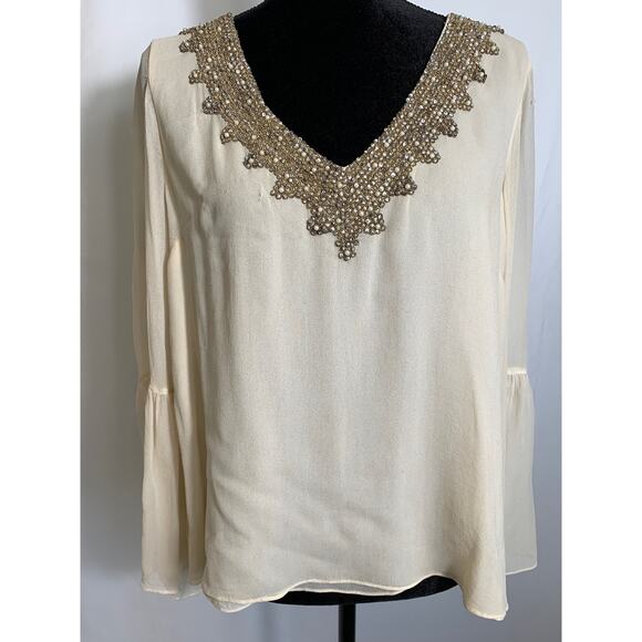 Love Sam Tops - Love Sam Beige Beaded V-neck Bell Sleeve Blouse